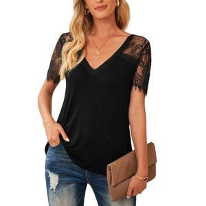 Danqi Black Lace Short-Sleeve V-Neck Top Size L